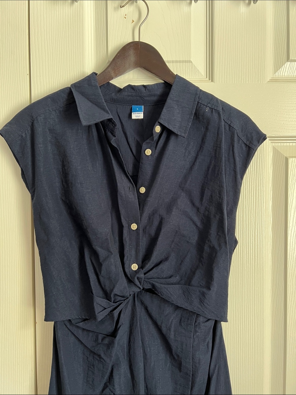 Old Navy Navy Button-Front Twist Shirt Dress with cutouts